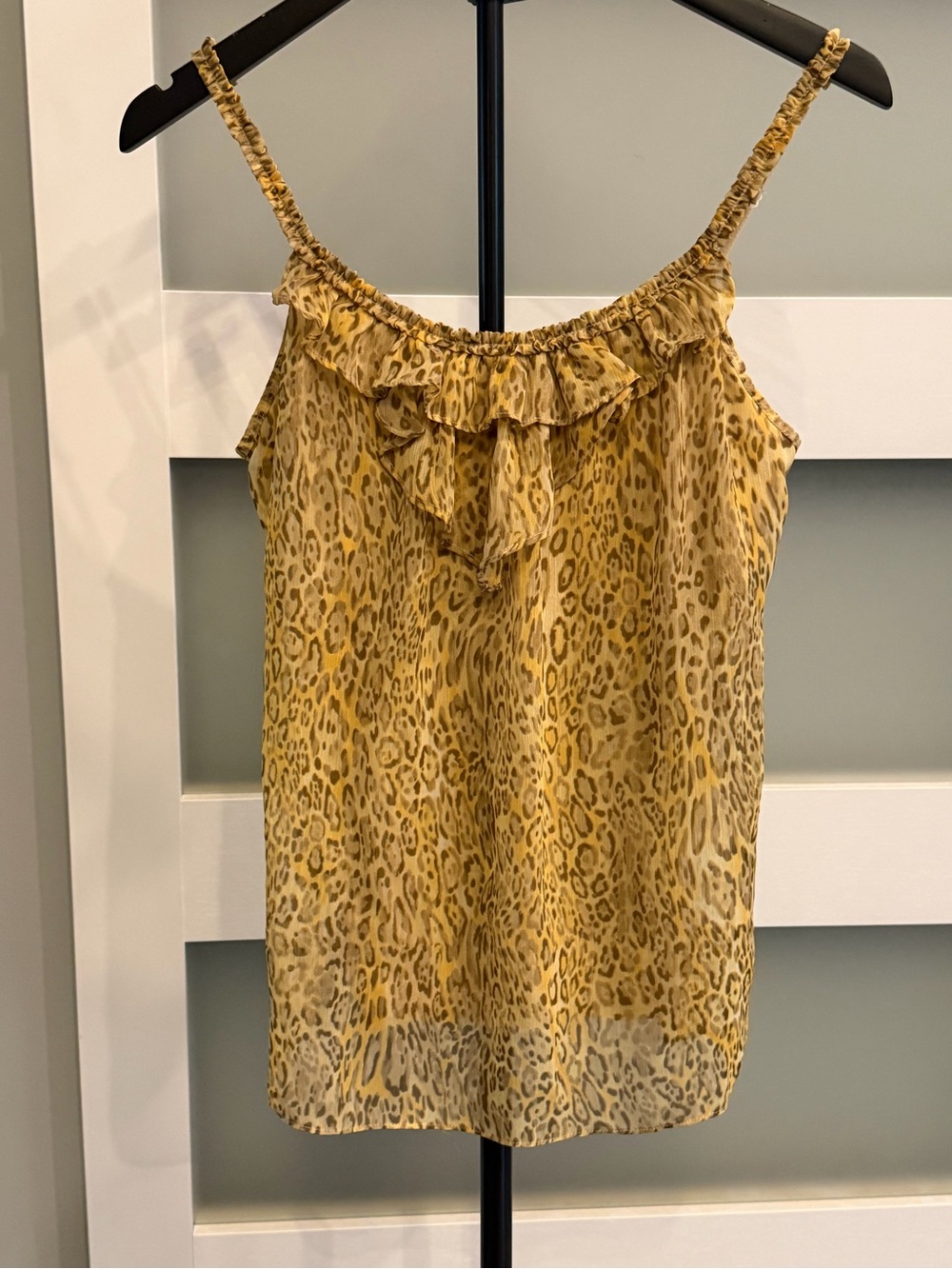 New York & Company Yellow Leopard-Print Ruffle Cami Tank